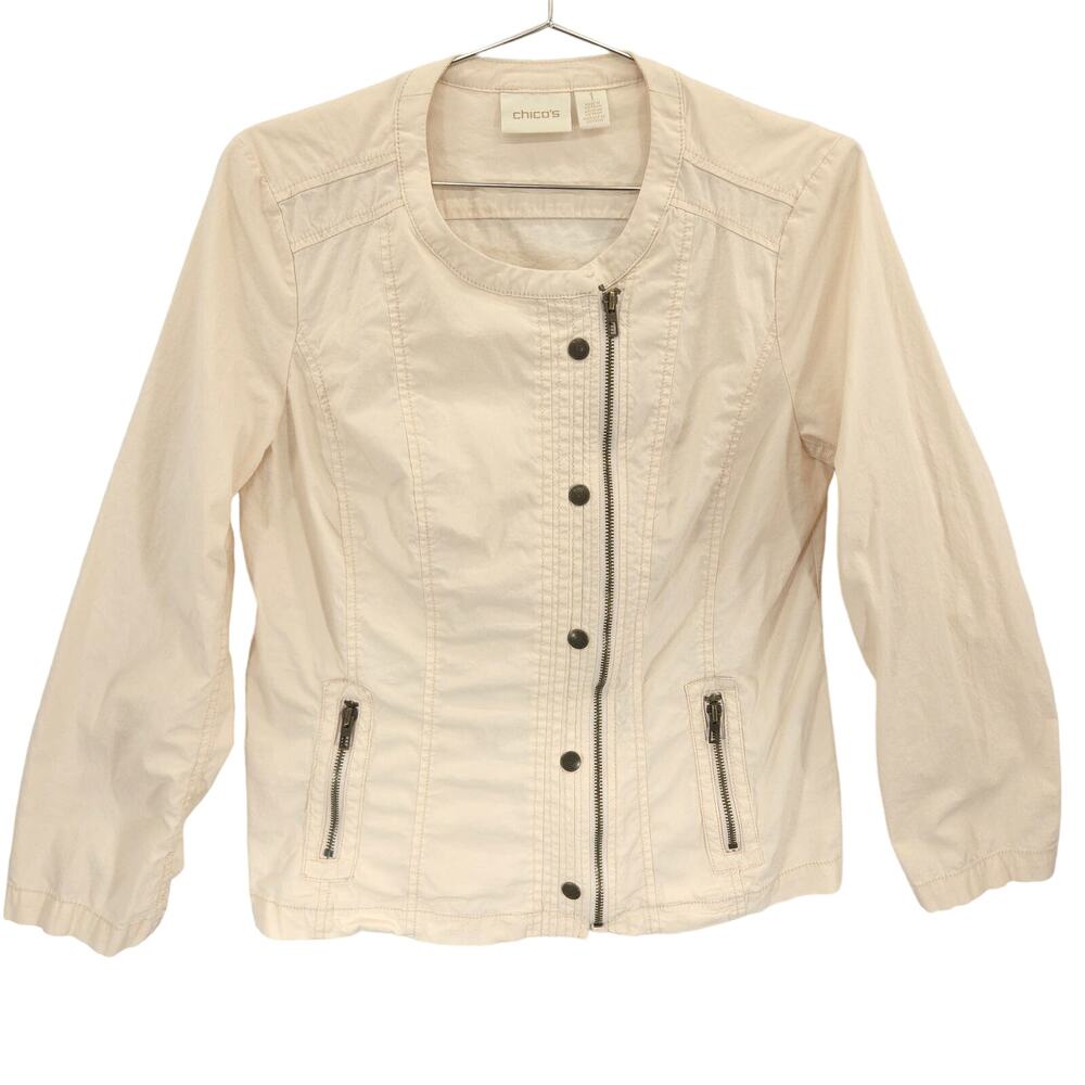Chicos Jacket Womens Medium Cream Asymmetrical Moto Style Full Zip Snap Up Top